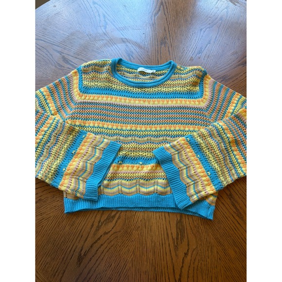 LUSH Blue Yellow Multi Crochet Knit Bell Sleeve Sweater Top Size M - Picture 2 of 7